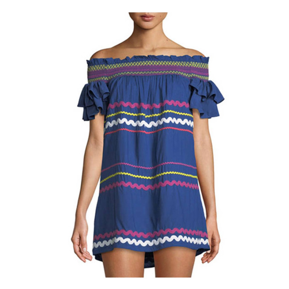 Entro Navy Multicolored Striped Off Shoulder Tunic Dress Size Medium - Picture 2 of 8